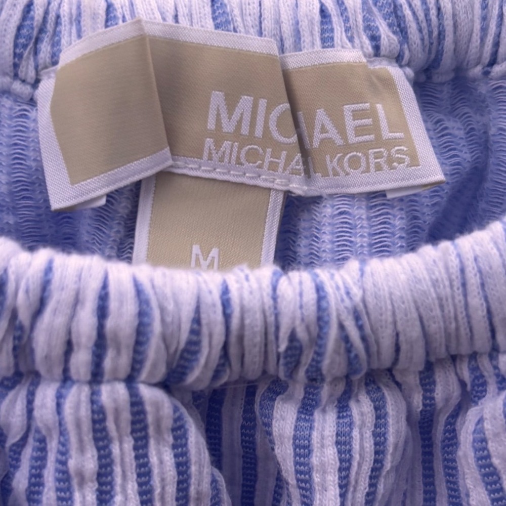 Michael Kors Dress Womens Medium Blue Seersucker Striped Off Shoulder Excellent - Picture 3 of 12